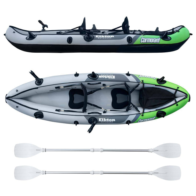 Cormorant Inflatable 2 Person Fishing Kayak Set with 6 Rod Holders,  Paddles, Double Action Pump