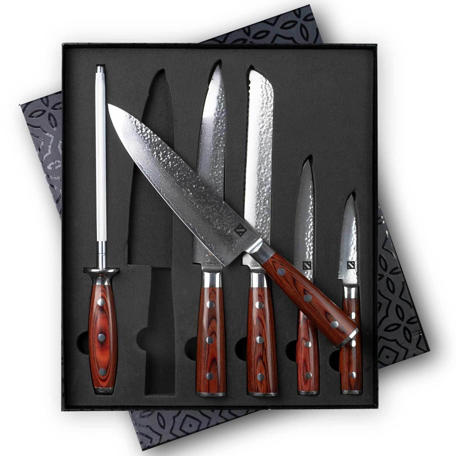 6 Piece Hammered Damascus Steel Knife Set with 16-Layer Steel