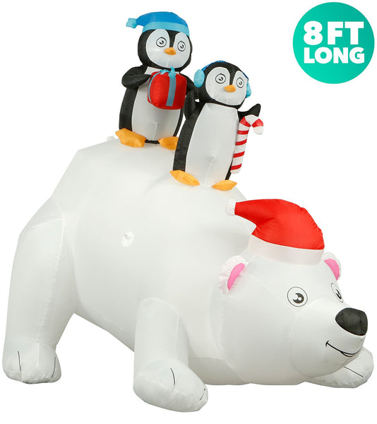 8 ft Inflatable Christmas Penguins on Polar Bear Outdoor Decoration